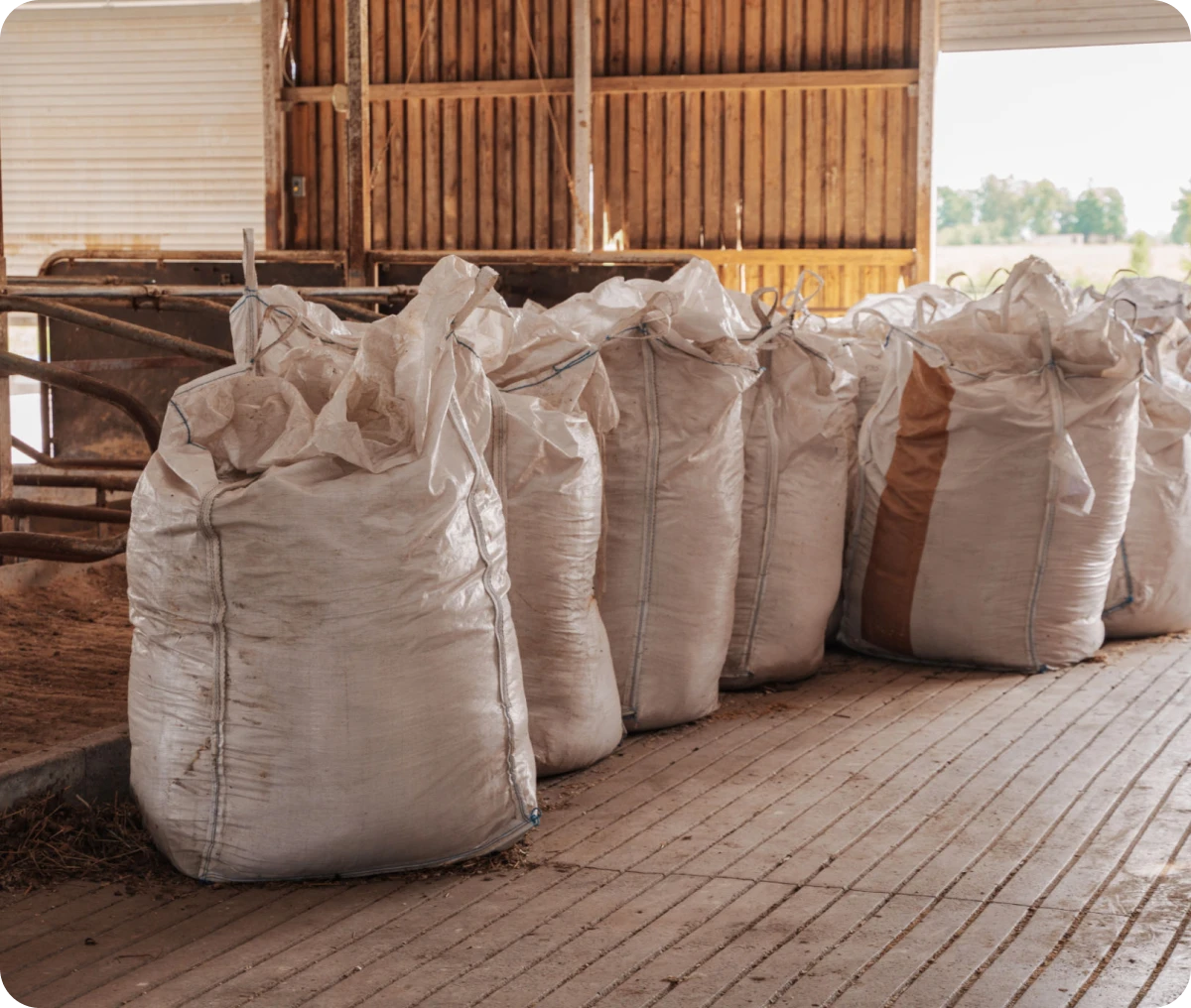 Agricultural sacks inside barn