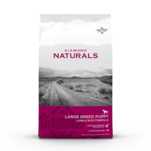 Bag of Natural's Large Breed Puppy food with a scenic background.