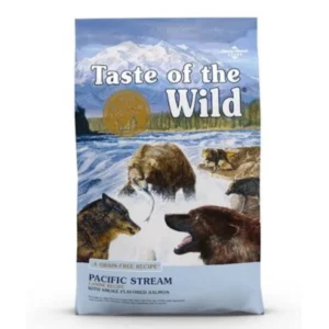 Bag of Taste of the Wild Pacific Stream dog food with wildlife design.