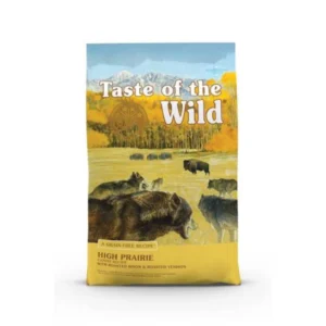 Bag of Taste of the Wild dog food with a wild animal design.