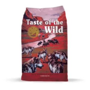 Bag of Taste of the Wild dog food with wild horse imagery.