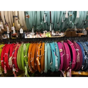 Colorful dog collars hanging on display in a store.