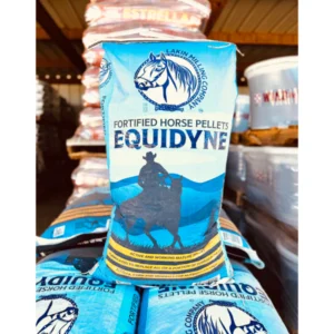 Bag of Equidyne fortified horse pellets with horse image.