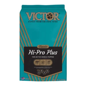 Bag of Victor Hi-Pro Plus dog food with teal and gold design.