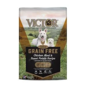 Bag of Victor Grain Free dog food with chicken meal and sweet potato.