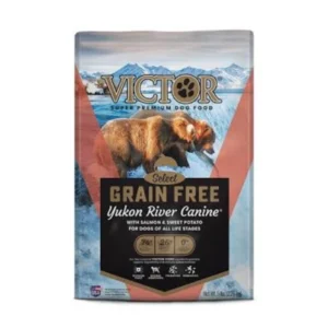 Package of Victor Grain Free Salmon River Canine dog food with a bear image.