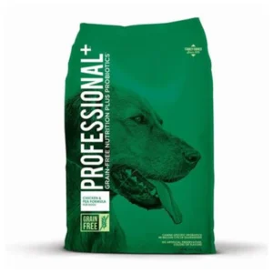 Green bag of Professional+ dog food with a black dog image.