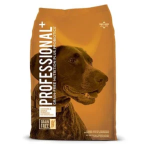 Brown dog on professional dog food packaging.