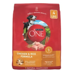 A red bag of Purina ONE Chicken & Rice Formula dog food, weighing 4 pounds.