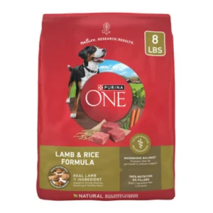 Bag of Purina ONE Lamb & Rice Formula dog food weighing 8 lbs.