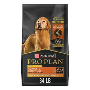 34 lb bag of Purina Pro Plan Savor dog food for adult dogs.