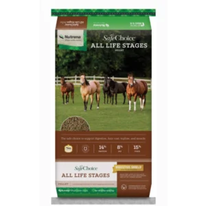 Bag of horse feed labeled 'All Life Stages' with horses on the package.