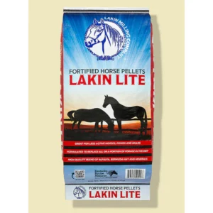 Bag of Lakin Lite fortified horse pellets with horse silhouette.