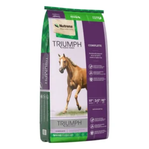 A bag of Triumph adult horse feed with a foal image.