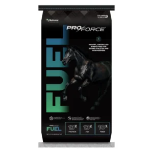 Black bag of ProForce Fuel horse feed with a horse image.