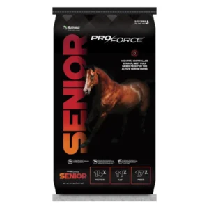 Senior horse feed bag with a horse image and nutritional benefits.