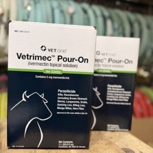 Boxes of Vetrimec Pour-On for cattle treatment.
