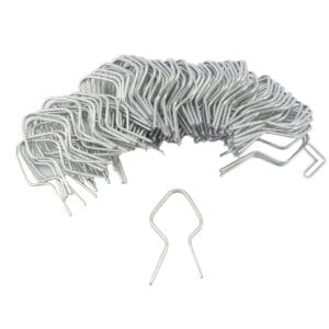 A bundle of silver metal wire clips with one clip separated.