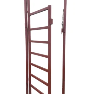 A red metal ladder with multiple rungs against a white background.