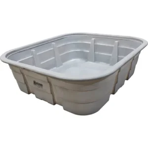 A small, empty, white fiberglass pool with a simple design.
