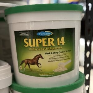 Container of Super 14 horse supplement on a shelf.