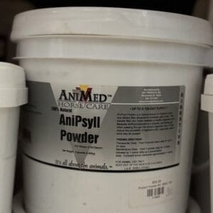 A white bucket labeled AniMed AniPsyl Powder for veterinary use.