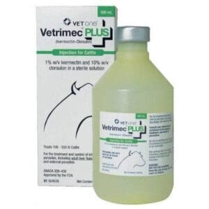 Bottle and box of Vetrimec Plus veterinary medicine.