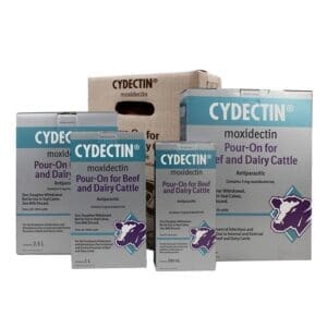 Packages of Cydectin pour-on for cattle and sheep treatment.