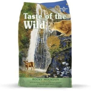 Bag of Taste of the Wild dog food with a nature-themed design.