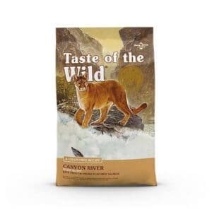 Bag of Taste of the Wild dog food with a wolf and forest design.