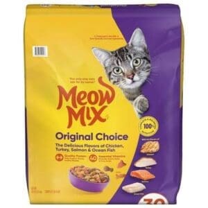 Bag of Meow Mix Original Choice cat food with a cat image.