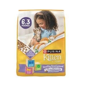 Bag of Purina Kitten Chow with a girl and kitten on the packaging.