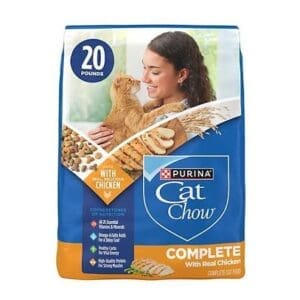 Bag of Purina Cat Chow Complete dry cat food with 20 lbs weight.