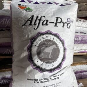 Bag of Alfa-Pro animal feed with a logo featuring a horse.