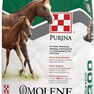 A mare and foal standing beside a Purina horse feed bag.