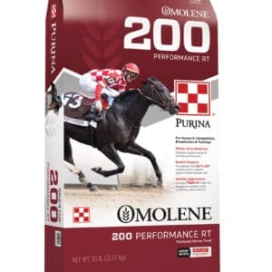 Purina Molene 200 horse feed bag with racing horses image.