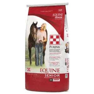 Purina Equine Senior horse feed bag with a horse and rider image.