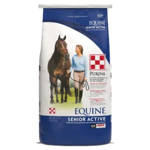 Bag of Purina Equine Senior Active horse feed with a horse and person image.