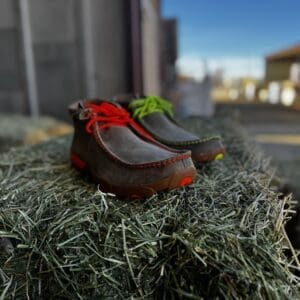 Pair of worn-out brown shoes with red laces on a grassy surface.